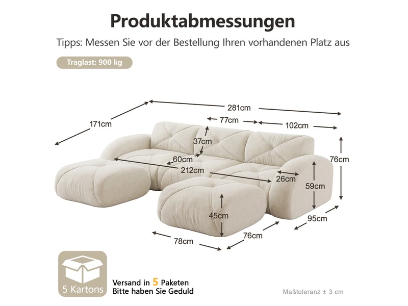 Canapé modulable en u 3 places beige clair en tissu, avec 2 poufs, sans montage, pour salon familial - Conforama C