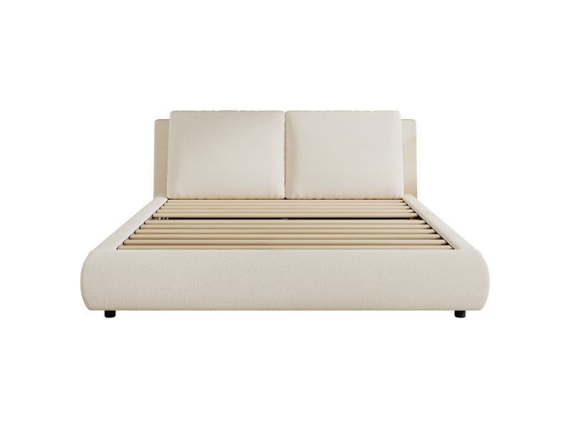 Lit double capitonné, rangement hydraulique, avec sommier et tête de lit, tête de lit capitonnée, tissu bouclé, beige - 180 × 200 cm - Conforama R