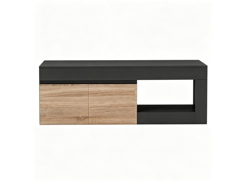 Meuble tv avec 2 portes, étagère ouverte et fermeture amortie pour salon, noir et bois naturel, 140 × 40 × 48 cm - Conforama A