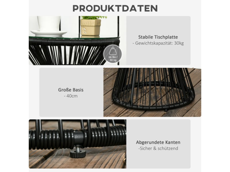  Table de jardin ronde noire, design tambour ajouré, plateau en verre, table bistrot, balcon et jardin  - Conforama E