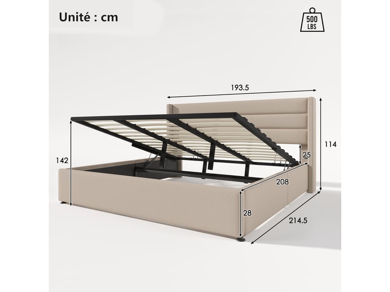 Lit coffre double 180 x 200 cm - lit avec coffre de rangement spacieux - structure résistante en lin et métal - sans matelas - beige - Conforama C
