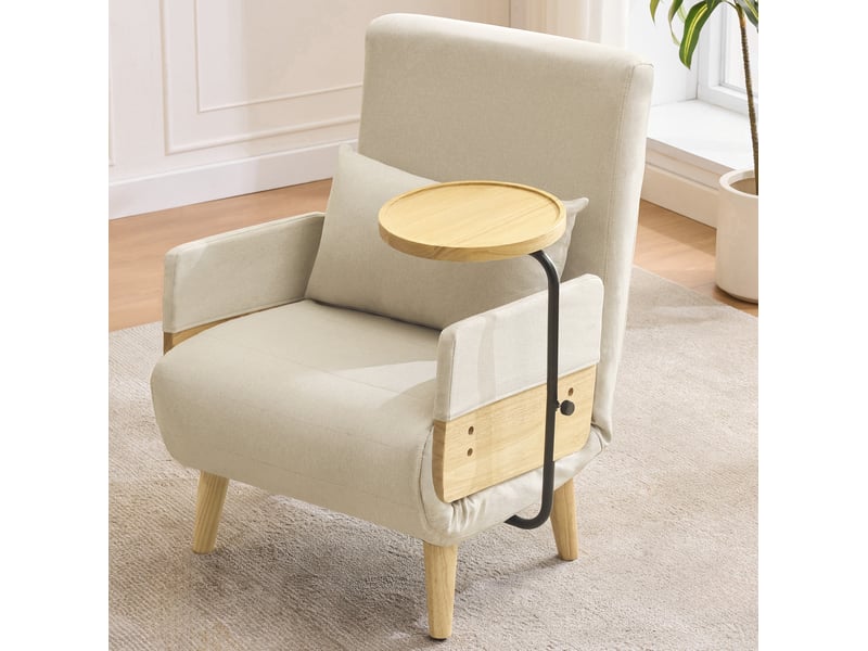  Fauteuil 74,5x66x88 cm, convertible, canapé simple, dossier réglable 6 positions, tablette, bois et métal, lin beige  - Conforama B