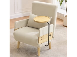 Fauteuil 74,5x66x88 cm, convertible, canapé simple, dossier réglable 6 positions, tablette, bois et métal, lin beige