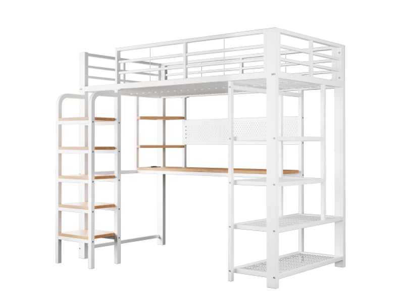  Lit mezzanine 90x200 cm blanc – bureau intégré, prise cee, led multicolore, étagères, échelle verticale  - Conforama A