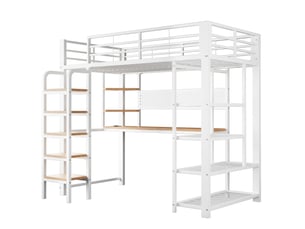 Lit mezzanine 90x200 cm blanc – bureau intégré, prise cee, led multicolore, étagères, échelle verticale