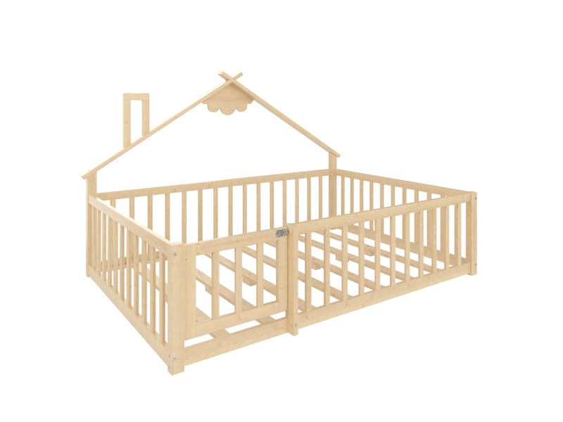  Lit enfant 140x190 cm en pin naturel, style maison, barrières avec fermeture, design sécurisé  - Conforama E