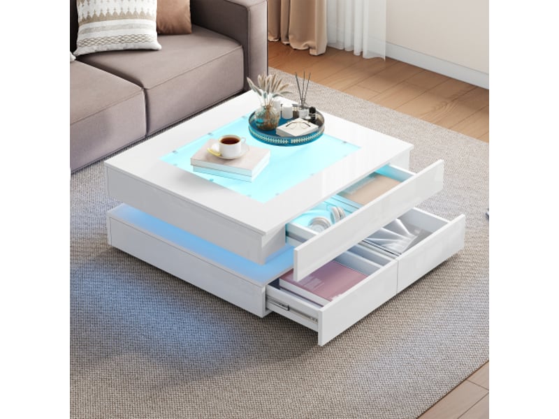  Table basse carrée blanc avec 3 tiroirs - 70x70 cm led panneau de particules table basse blanc - Conforama E