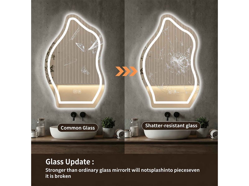  Miroir salle de bain led 40 x 60 cm blanc verre argenté sans cuivre forme goutte irrégulière tactile anti buée anneau lumineux réglable  - Conforama E