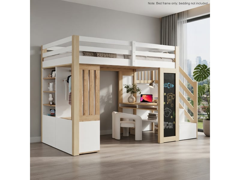 Gutenacht lit mezzanine 90x200cm, bureau, armoire, ardoise, led, blanc &amp; naturel  - Conforama B