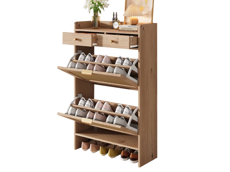  Meuble à chaussures étroit, 65x25x106 cm, 2 abattants effet rotin, 2 tiroirs, naturel Fay Lum - Conforama A