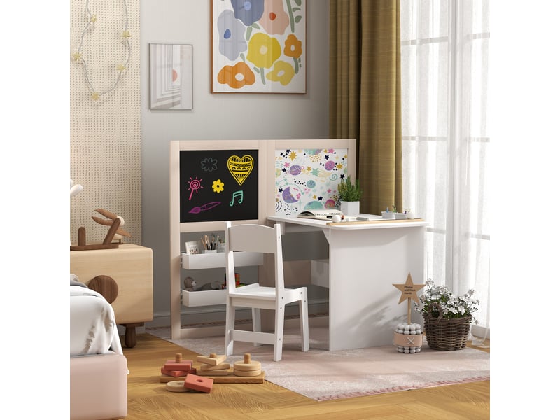  Ensemble table et chaises pour enfants de 3 à 8 ans avec tableau noir, tableau blanc, boîtes de rangement et rouleau de papier, blanc  - Conforama C
