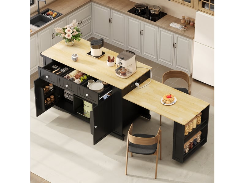  Îlot de cuisine modenvie mobile avec table coulissante 138 à 213 x 55 x 93 cm, rangements, prises et usb, noir et naturel  - Conforama B