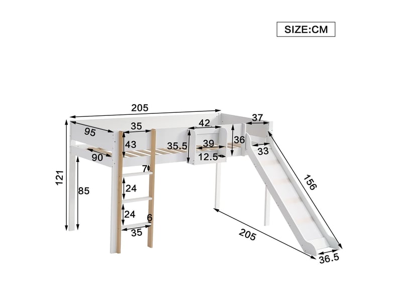  Lit mezzanine 90x200cm - avec toboggan, échelle 3 marches, lit enfant - étagère amovible, barrières antichute, pin, blanc  - Conforama C