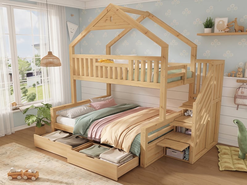  Lit superposé 90140 × 200 cm, toit cabane, escalier de rangement et 2 tiroirs, en bois massif et mdf, coloris chêne  - Conforama B