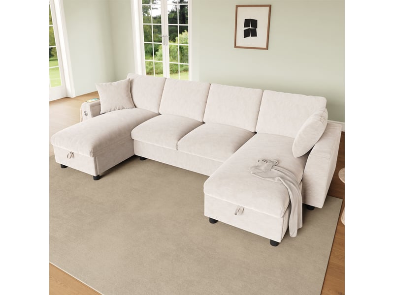  Canapé en u beige 4 places en chenille avec deux méridiennes, coffre de rangement et ports usb et usb-c, 279 x 135 x 84 cm  - Conforama D