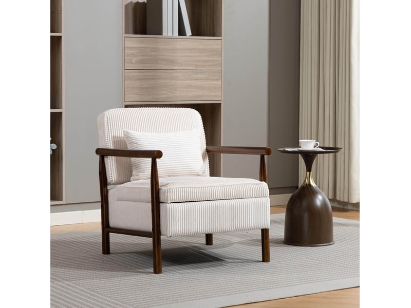  Fauteuil simple 80x61x71.9 cm, assise avec rangement, structure en bois, tissu velours, canapé 1 place, blanc et brun  - Conforama E
