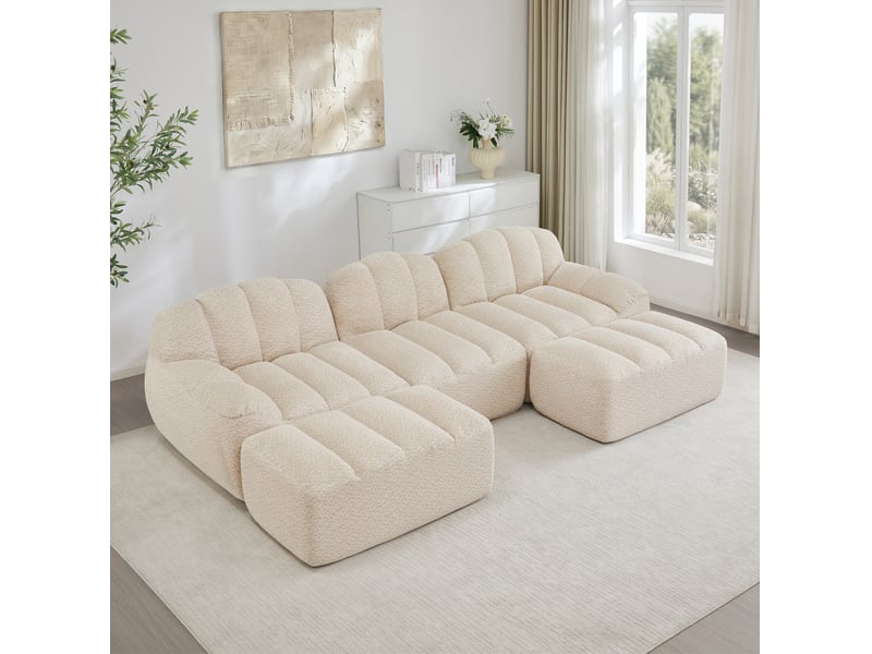  Canapé modulable en u 3 places beige blanc avec 2 ottomans, assise profonde en tissu bouclette pour le salon  - Conforama B