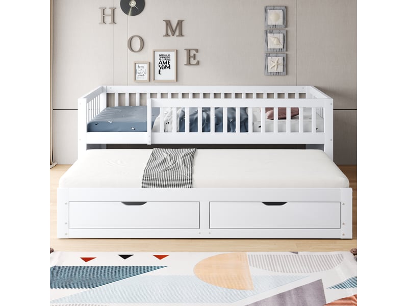  Modenvie lit gigogne 90x200 cm - avec 2 tiroirs, barrière de sécurité, sommier inclus - blanc  - Conforama D