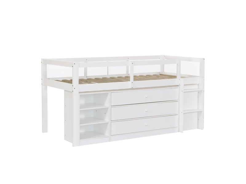  Lit surélevé enfant 90x200 cm blanc bois et mdf, 3 tiroirs, rangements ouverts et protection acrylique  - Conforama A