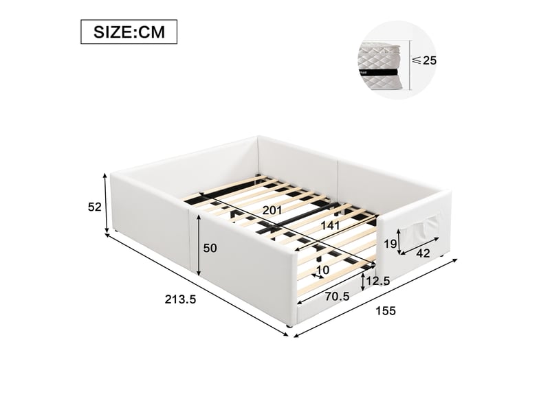  Lit enfant 140x200 cm, lit 2 place, design enveloppant, 3 poches de rangement, sommier, polyuréthane, blanc sans matelas  - Conforama C