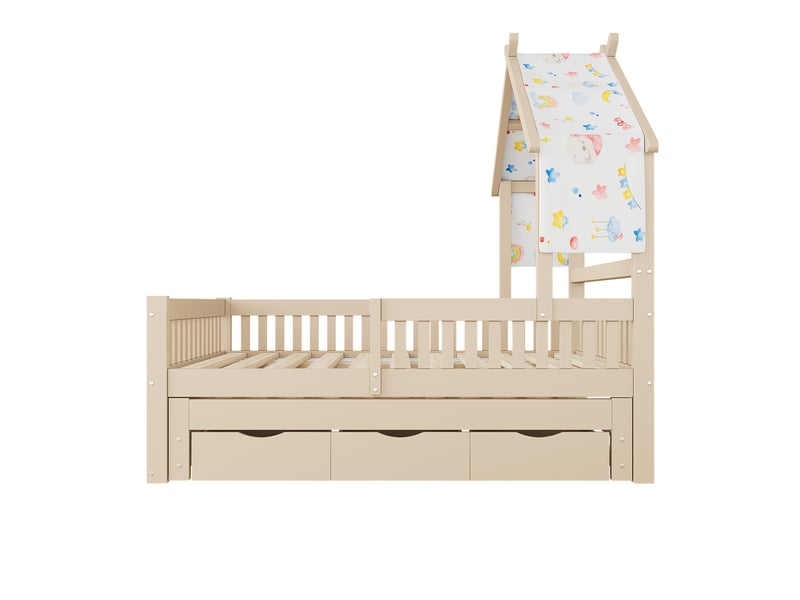  Lit cabane enfant, lit gigogne double 140x200 cm avec 3 tiroirs de rangement et barrières de sécurité, style montessori, crème  - Conforama D