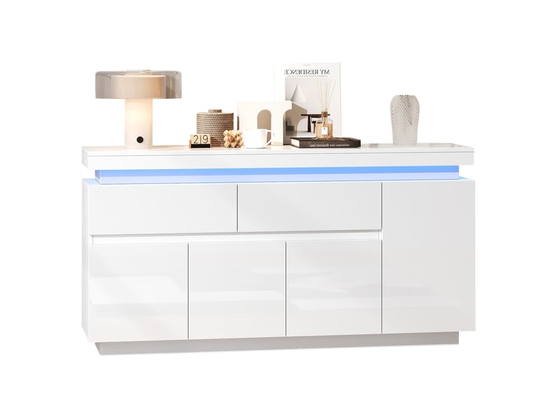  Buffet blanc haut gloss 140x35x72,5 cm avec 2 tiroirs et 4 portes, meuble rangement salon led  - Conforama A
