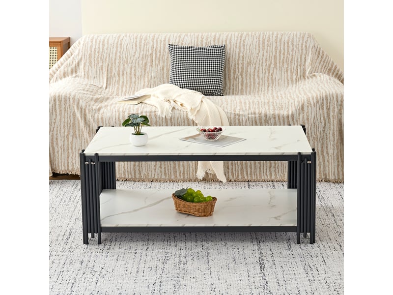  Table basse fixe avec 2 étagères, plateau effet marbre et pieds en métal, pour salon, en mdf et métal, blanc noir - uvrion  - Conforama C
