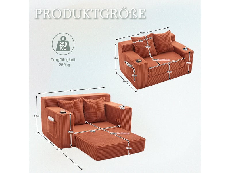  Canapé compact 2 places en velours côtelé, 2 coussins, porte-gobelet et poches latérales, 151 × 133 × 64 cm, orange YXY-0915-2 - Conforama C