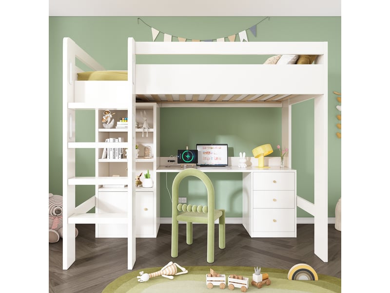  Lit mezzanine enfant 90x200 cm, tiroirs, porte, étagères,  usb type-c, sommier, mdf blanc, sans matelas  - Conforama B