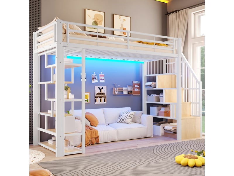  Lit mezzanine 90x200 cm, lit enfant, rangement, échelle sécurisée, barrière antichute, led, bois et métal blanc  - Conforama C