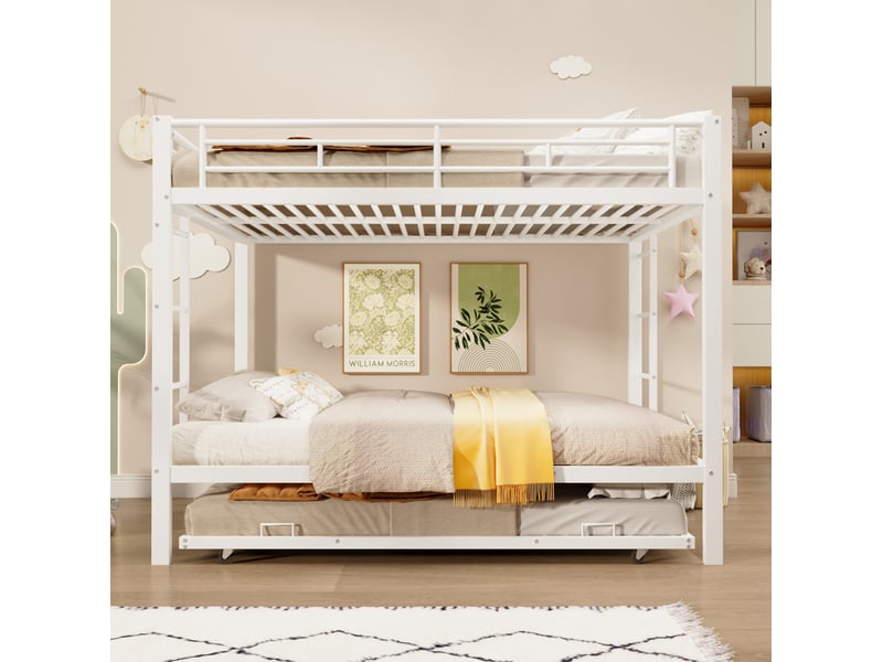  Lit superposé enfant 140x200 cm en métal blanc avec lit gigogne  - Conforama D