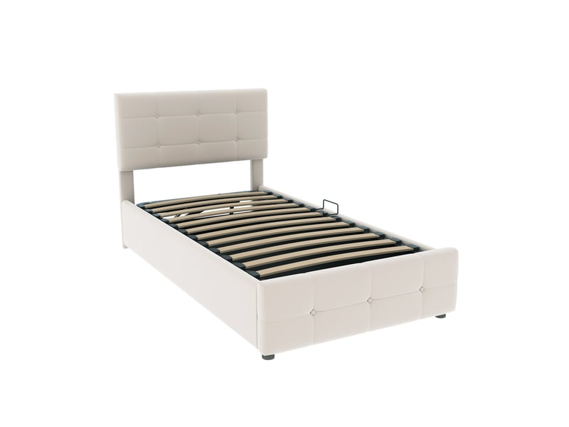  Lit coffre enfant 90x200 cm en velours beige à tête de lit réglable  - Conforama A