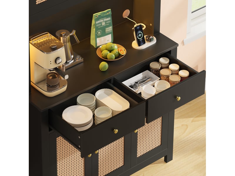  Buffet haut noir en mdf avec 5 portes en paille, 2 tiroirs, led rgb et prises usb, pour cuisine et séjour  - Conforama D