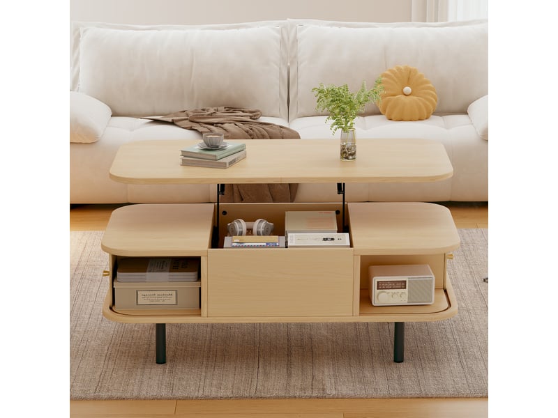 Table basse relevable 101x51 cm, coffre de rangement et 2 portes coulissantes, pieds en métal, mdf, décor bois naturel - Conforama C