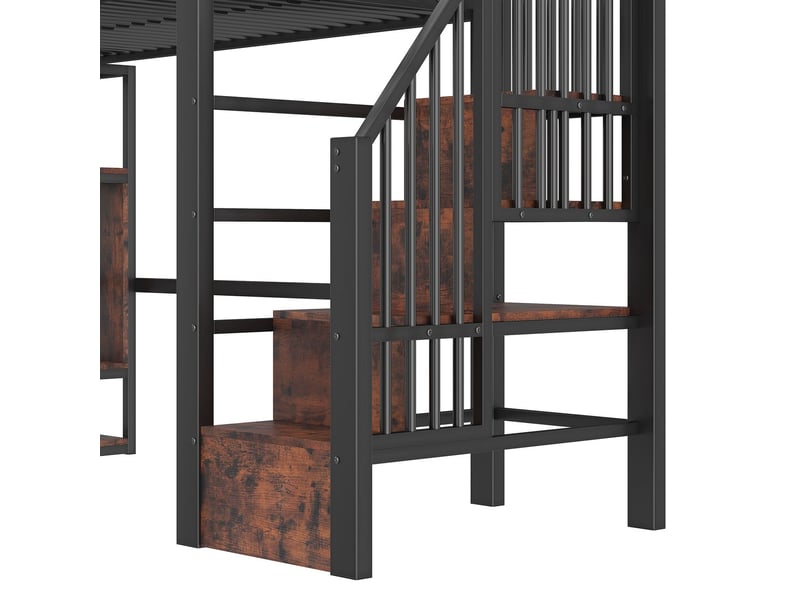  Lit mezzanine 90 x 200 cm lit 1 place cadre en fer éclairage led marches intégrées barrière de sécurité rangement ouvert  - Conforama D