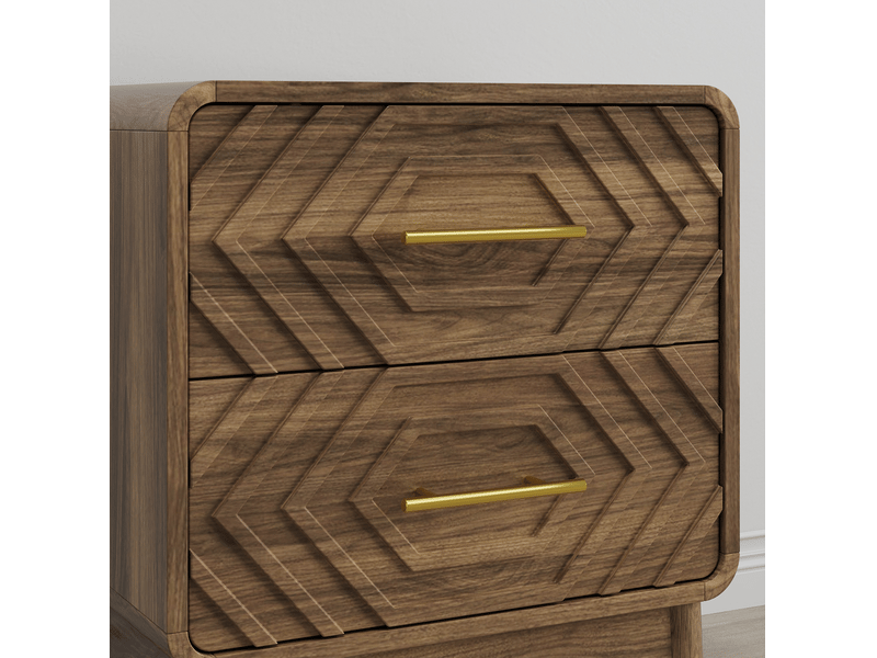  Table de chevet 48x38x56 cm – marron noyer – 2 tiroirs géométriques et poignées dorées style art déco  - Conforama E