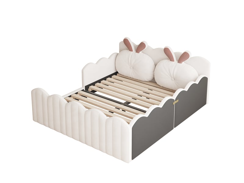  Lit plateforme rembourré 140 x 200 cm, lit double enfant avec tête de lit et coussin décoratif en forme de lapin pour chambre, coloris beige evarich - Conforama D