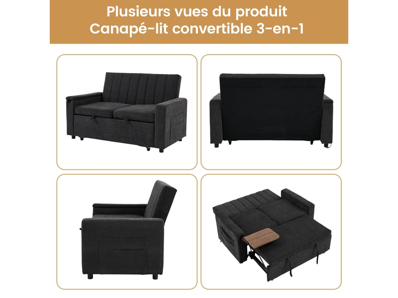  Canapé convertible 2 places 140x84.5x84 cm - canapé-lit extensible - usb et type-c - chenille - beige CozyNest - Conforama E