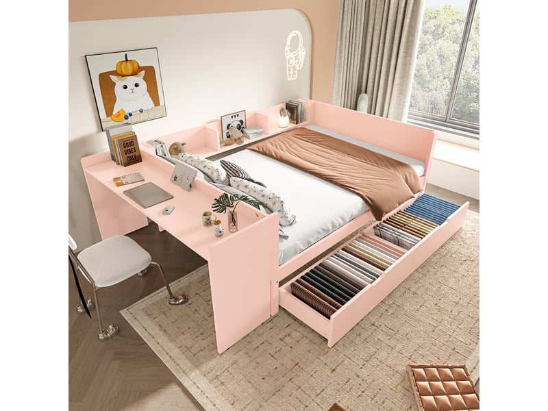 Lit enfant 140 x 200 cm avec bureau, 2 tiroirs et 3 étagères, pin et panneau de particules, rose Fay Lum - Conforama B