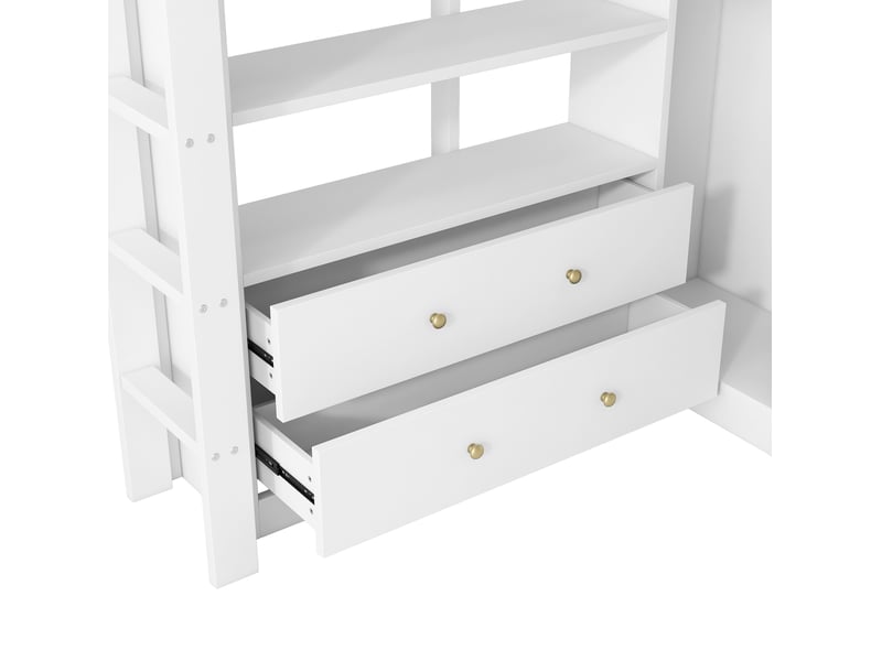  Lit mezzanine 140x200 cm, design moderne, avec 2 tiroirs, bureau intégré, led et usb, bois mdf, blanc, sans matelas  - Conforama E