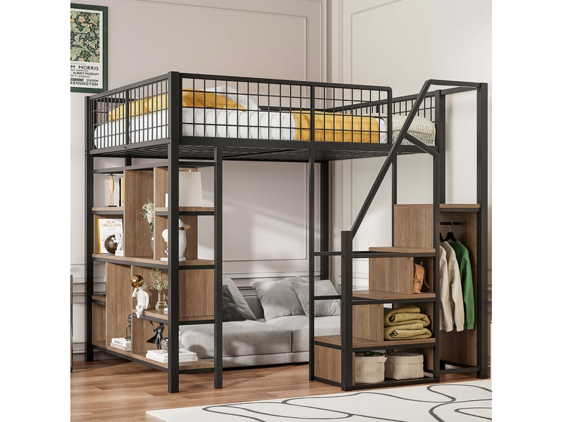  Lit mezzanine 140x200 cm avec rangement et escalier, métal noir  - Conforama D