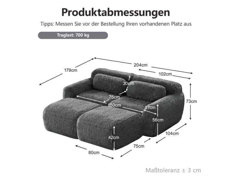  Canapé modulable convertible 2 places en tissu gris avec 2 ottomans, sans montage, pour salon confortable  - Conforama C
