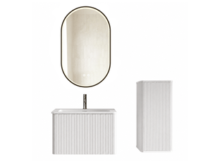Ensemble meuble sous vasque suspendu avec colonne et miroir led antibuée réglable pour salle de bain blanc 61 cm