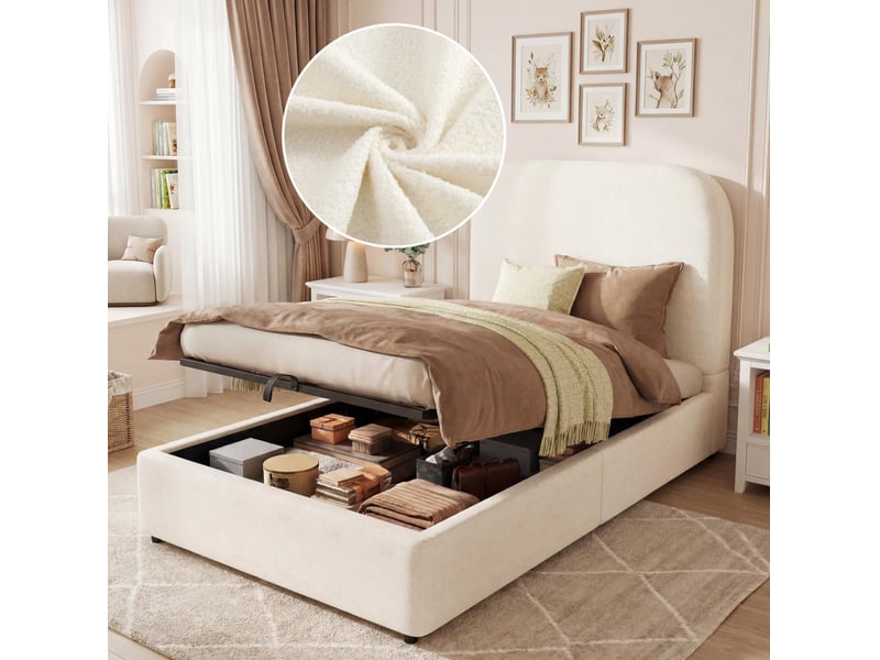  Lit coffre 90x200 cm en bouclette beige avec rangement hydraulique et sommier  - Conforama D