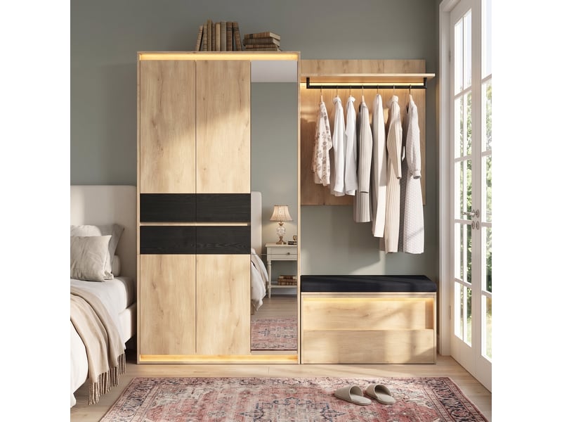 Vestiaire d'entrée avec miroir et led 200 cm - 3 tringles 4 tiroirs - chêne anthracite - Conforama B