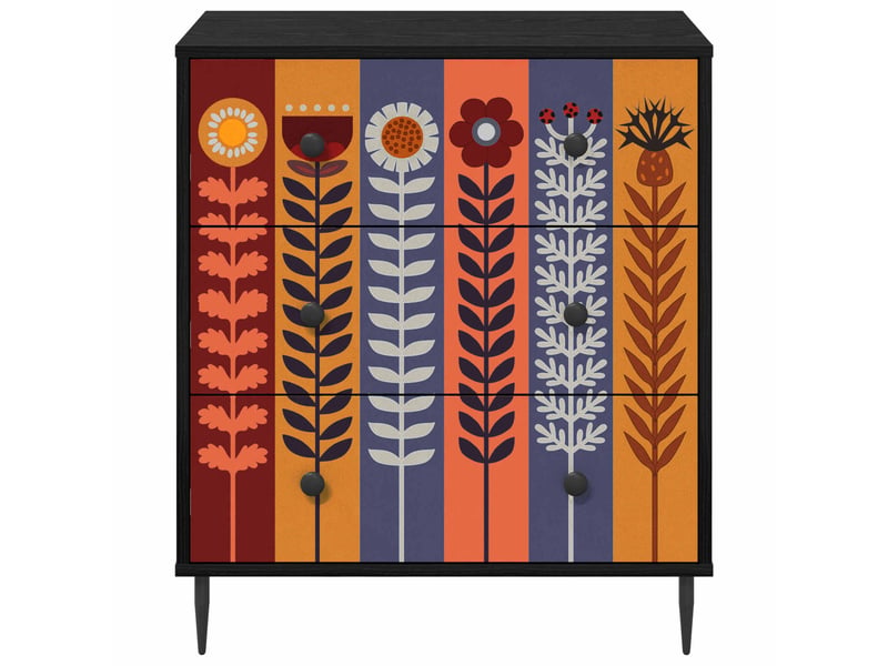 Commode chambre, meuble de rangement essen imprimé tournesol 66 x 36,5 x 76 cm chêne noir  - Conforama D