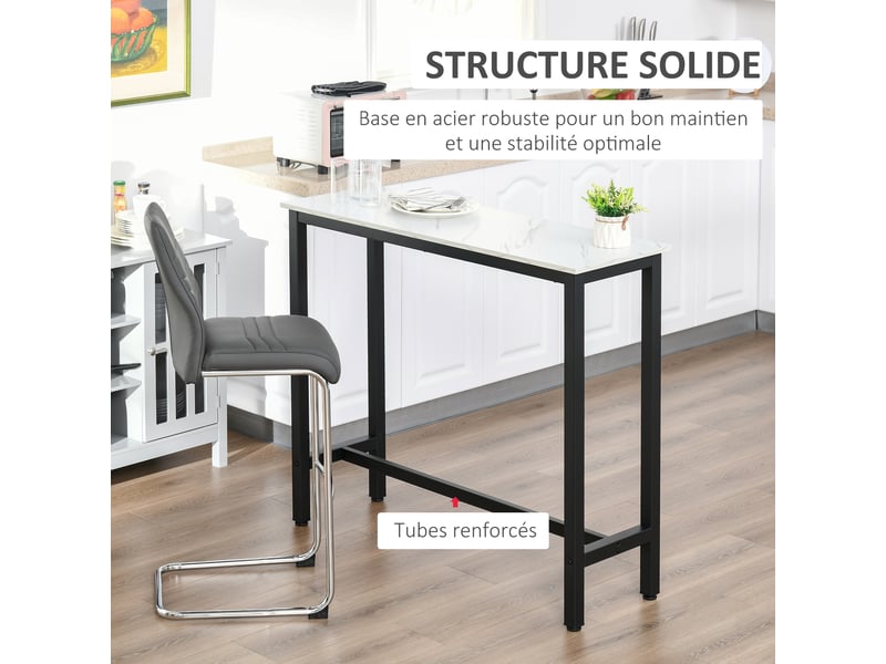  Table de bar table haute de cuisine mange-debout - châssis piètement acier - dim. 120l x 40l x 100h cm, plateau aspect marbre blanc  - Conforama E