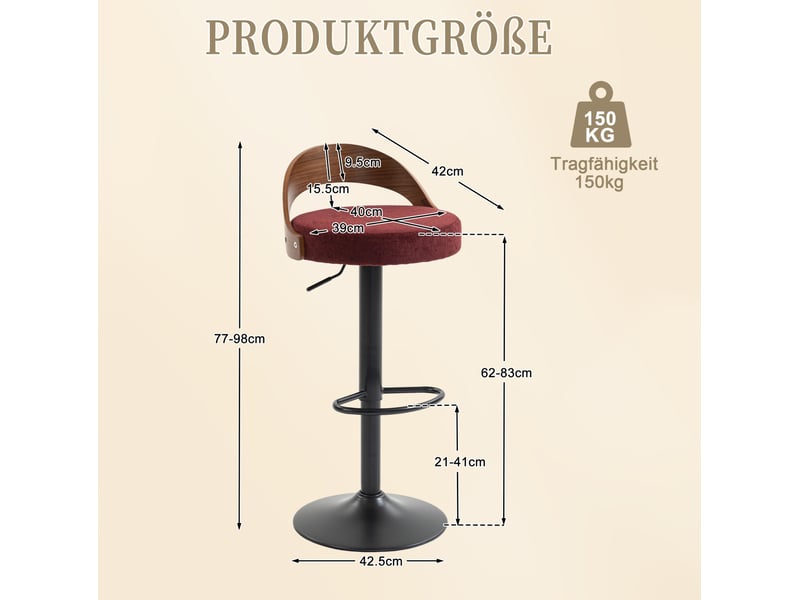  Lot de 2 tabourets de bar pivotants 360° avec dossier réglable et repose-pieds, en lin rouge vin  - Conforama D
