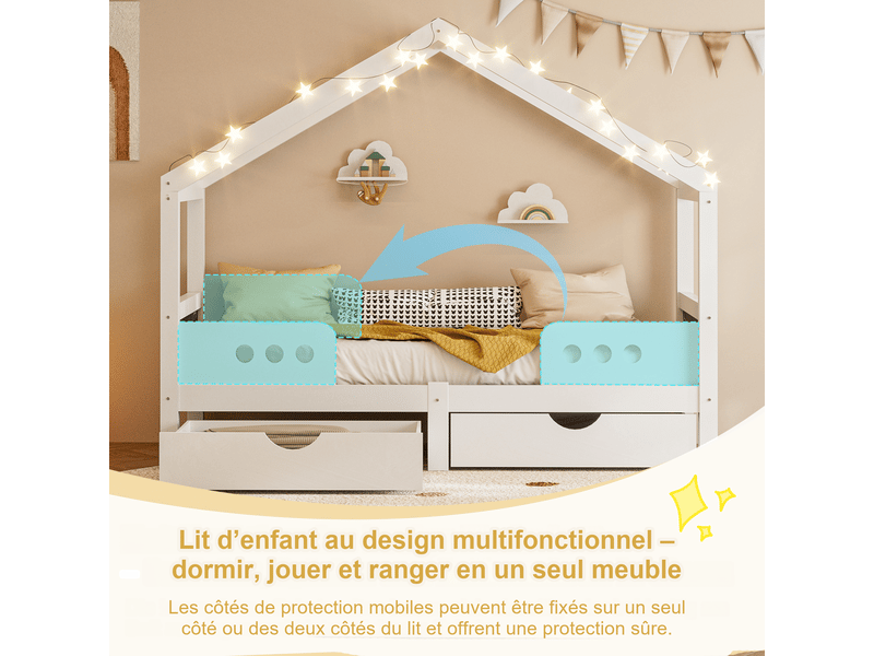  Lit cabane enfant blanc 90x200 cm en bois, 2 tiroirs intégrés, tableaux latéraux, charge 120 kg  - Conforama W