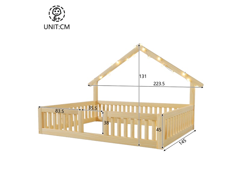  Lit enfant 140 × 200 cm 1 place avec barrières de sécurité et guirlande led, sans matelas, en bois, naturel  - Conforama D